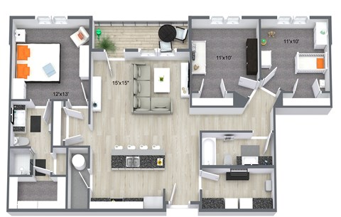 Floor plan for 3 beds, 2 baths, 1253 sqft